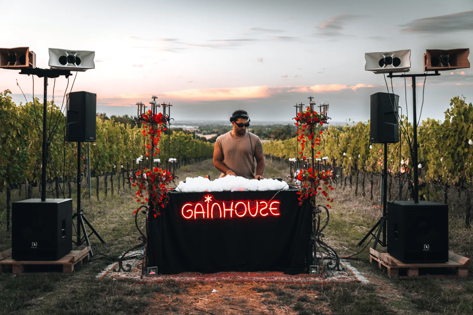 Console GainHouse in mezzo alle vigne al tramonto